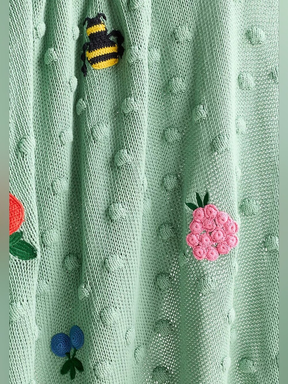 Anthropologie Isabella Cotton Crochet Strawberry Bee Throw Blanket Green NWT - Picture 3 of 7